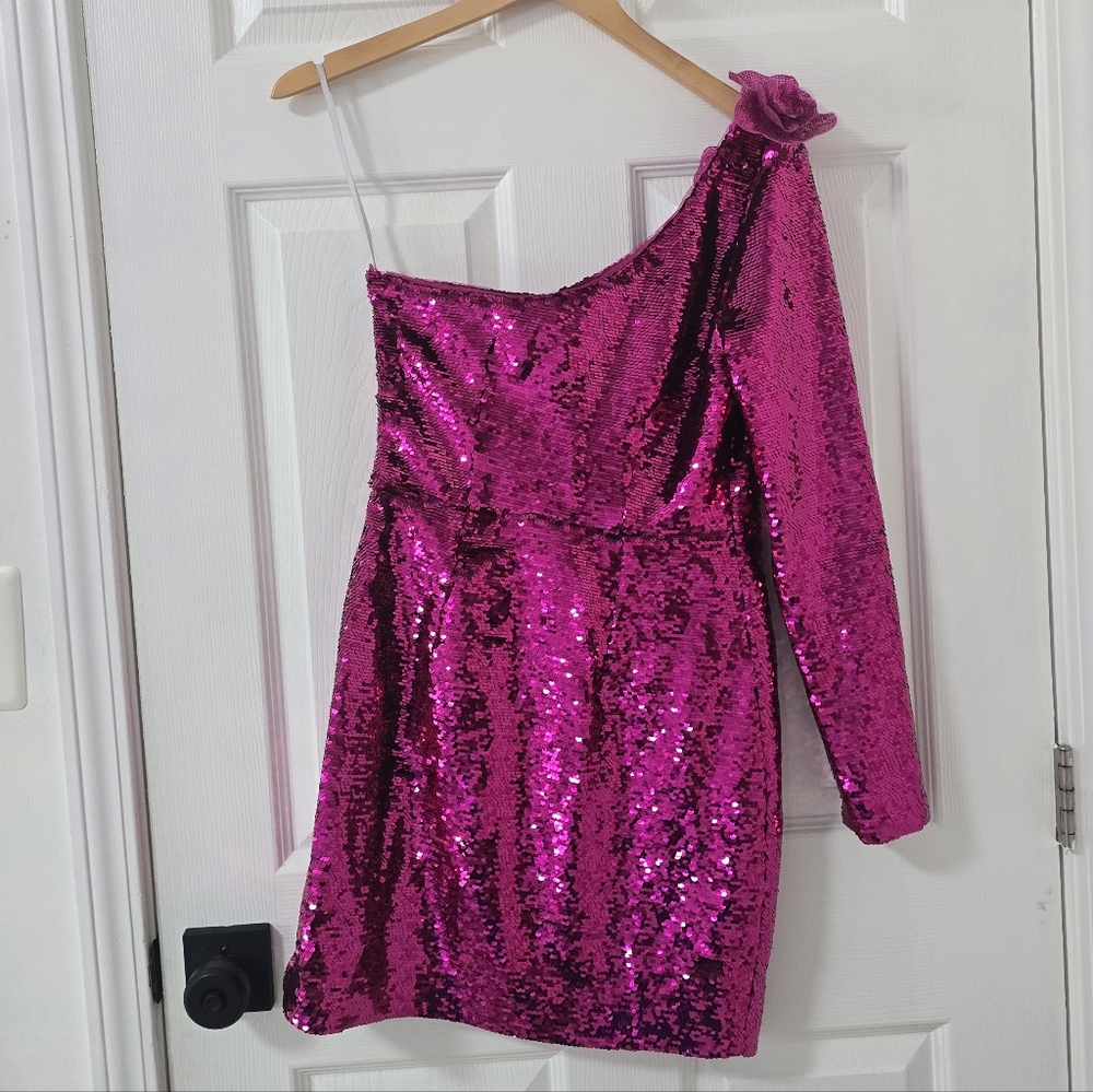 Marchesa Notte Pink Sequin One Shoulder Mini Dress New Size 2 - Picture 5 of 7